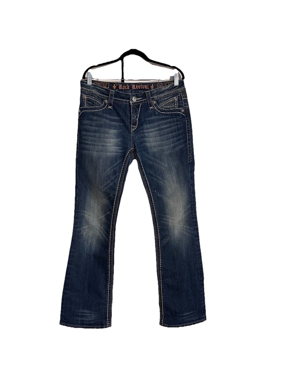Rock Revival Womenβs 29 Yui Bootcut Jeans Stretch Denim Blue Embellished Pockets